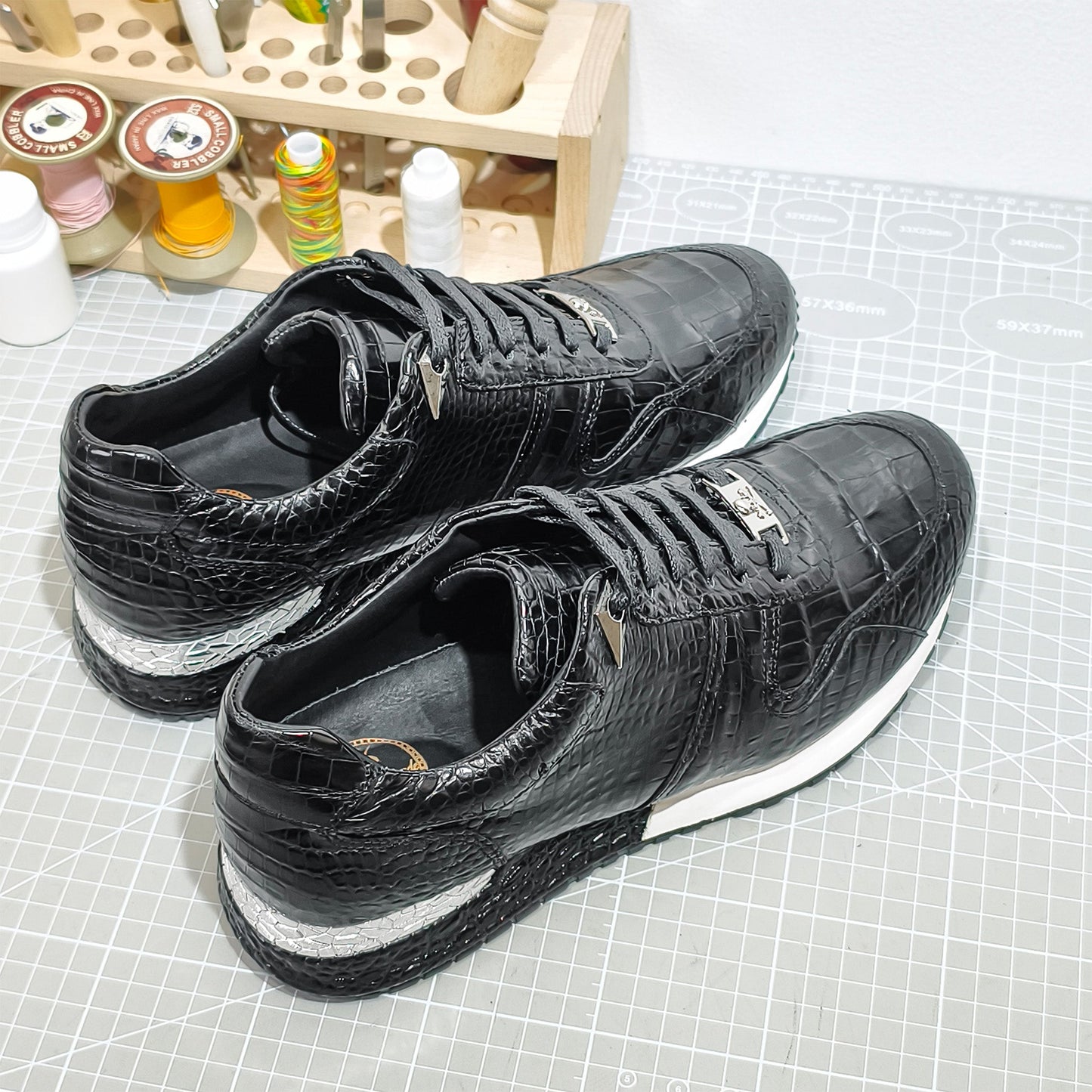 Handmade Genuine Alligator Leather Sneakers, Glossy Black – Statement Metal Accents & Luxe Casual Style Shoes