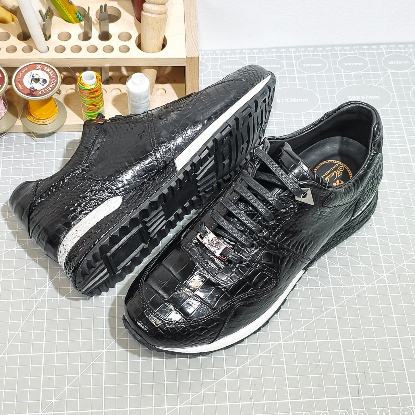 Handmade Genuine Alligator Leather Sneakers, Glossy Black – Statement Metal Accents & Luxe Casual Style Shoes