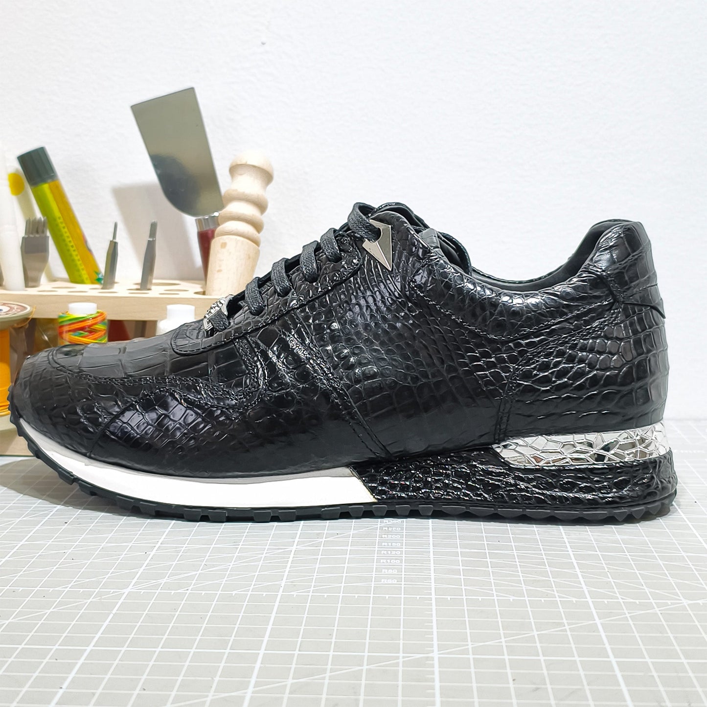 Handmade Genuine Alligator Leather Sneakers, Glossy Black – Statement Metal Accents & Luxe Casual Style Shoes
