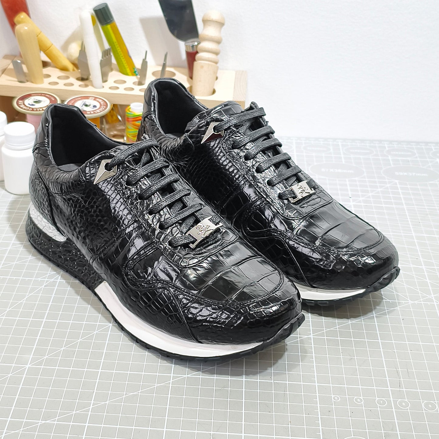 Handmade Genuine Alligator Leather Sneakers, Glossy Black – Statement Metal Accents & Luxe Casual Style Shoes