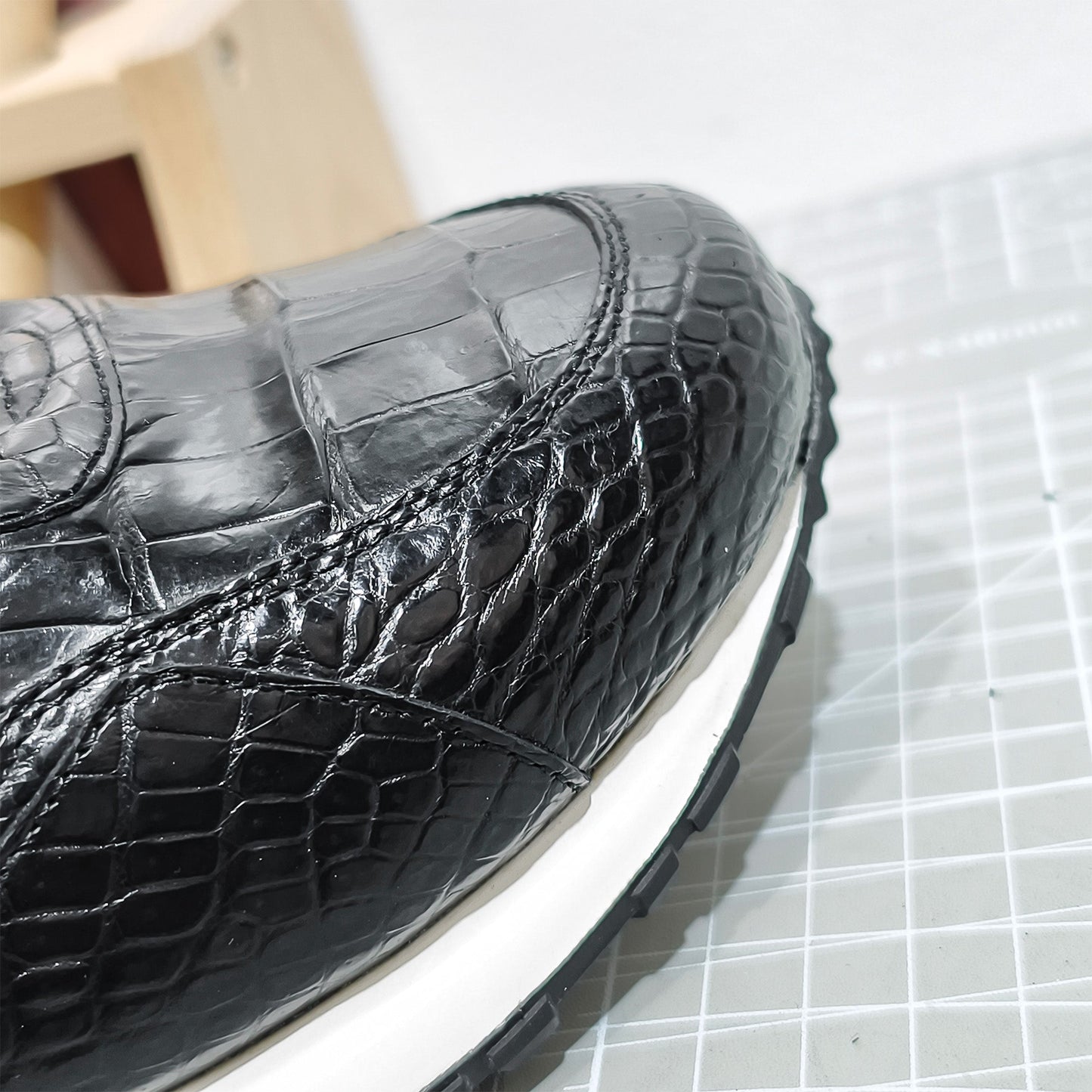 Handmade Genuine Alligator Leather Sneakers, Glossy Black – Statement Metal Accents & Luxe Casual Style Shoes