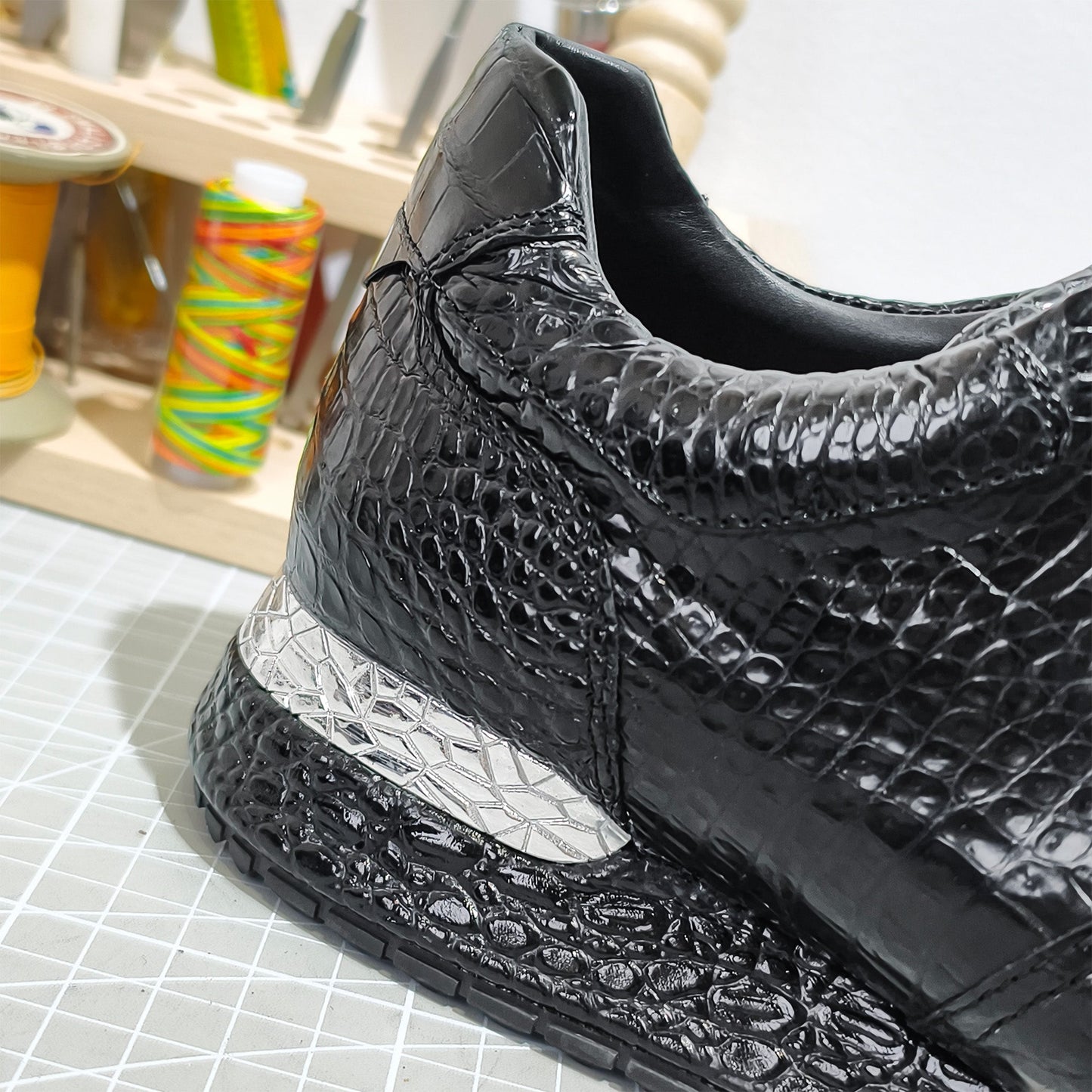 Handmade Genuine Alligator Leather Sneakers, Glossy Black – Statement Metal Accents & Luxe Casual Style Shoes