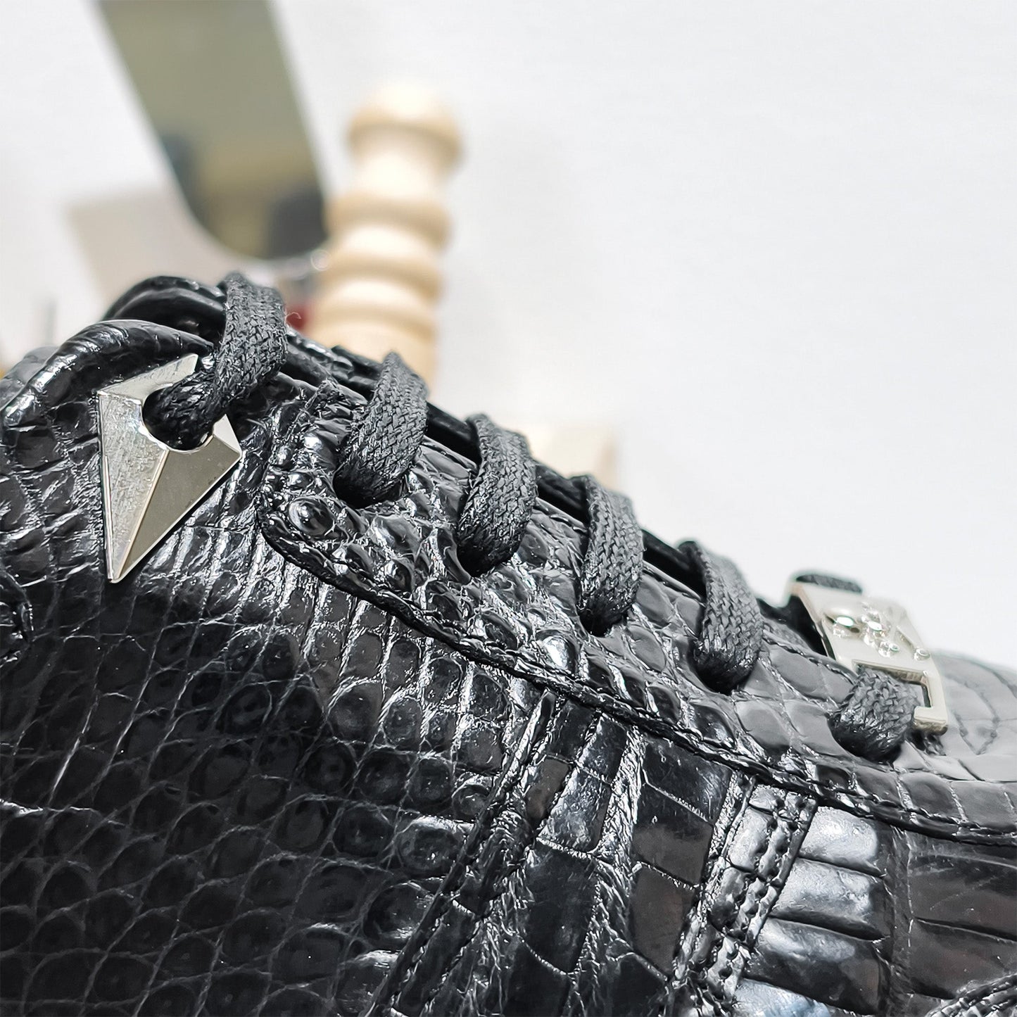 Handmade Genuine Alligator Leather Sneakers, Glossy Black – Statement Metal Accents & Luxe Casual Style Shoes