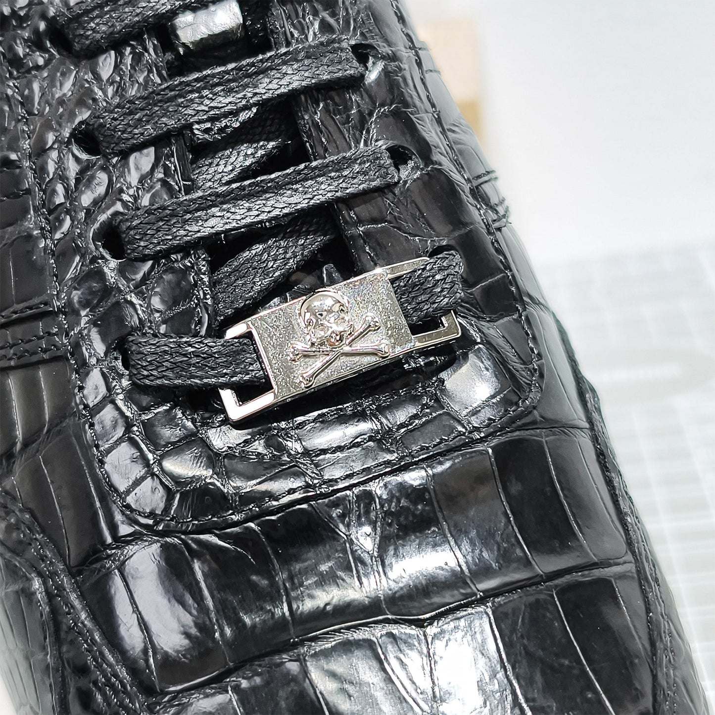 Handmade Genuine Alligator Leather Sneakers, Glossy Black – Statement Metal Accents & Luxe Casual Style Shoes