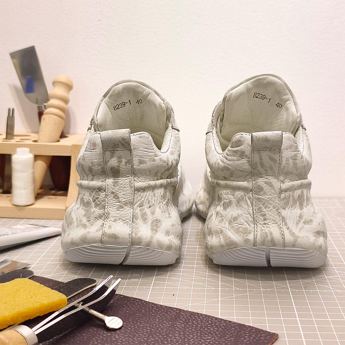 Handmade Genuine Bison Leather Sneakers, Light Gray-White Pattern with Ultra-Light Base