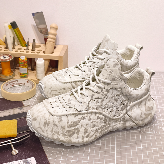 Handmade Genuine Bison Leather Sneakers, Light Gray-White Pattern with Ultra-Light Base