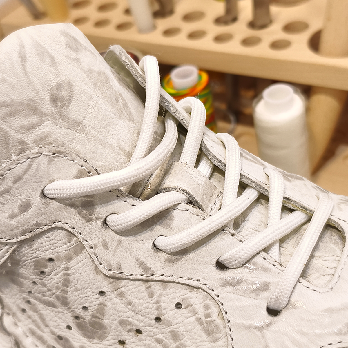 Handmade Genuine Bison Leather Sneakers, Light Gray-White Pattern with Ultra-Light Base