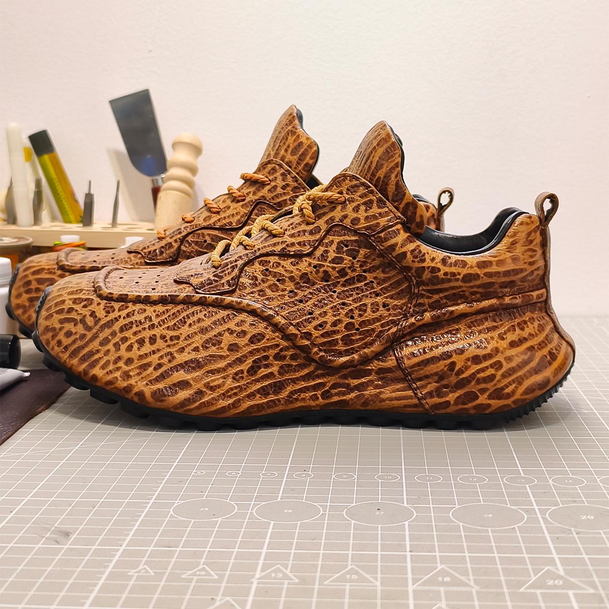 Handmade Genuine Bison Leather Sneakers, Tan Textured with Full-Wrap Sole & Ultra-Light Base