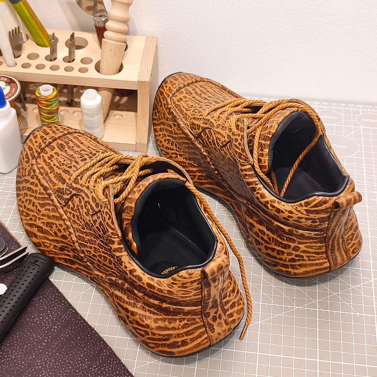 Handmade Genuine Bison Leather Sneakers, Tan Textured with Full-Wrap Sole & Ultra-Light Base