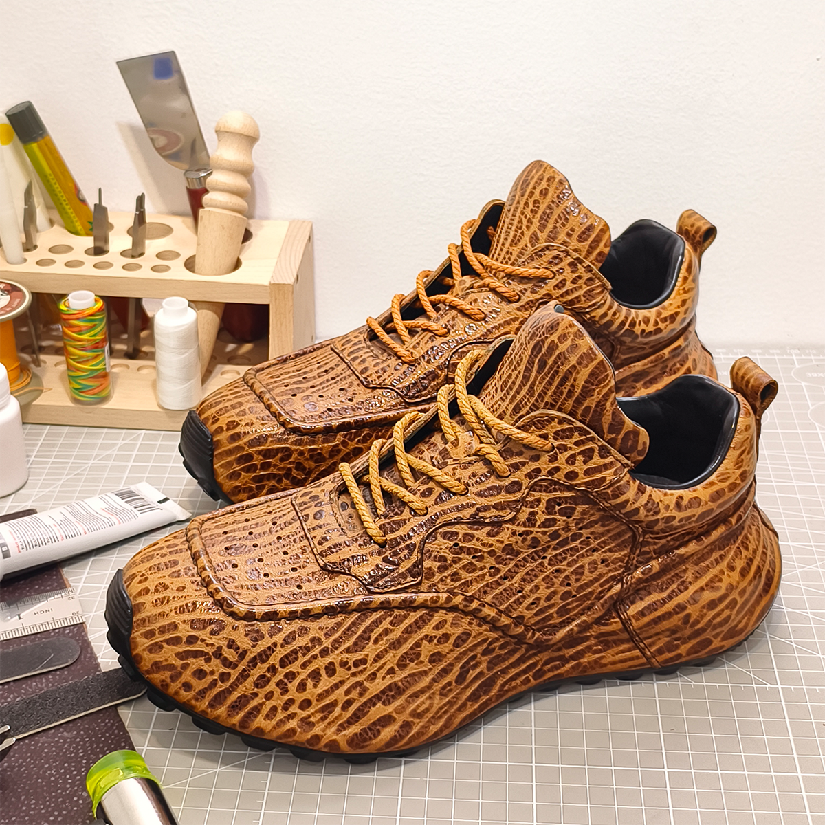 Handmade Genuine Bison Leather Sneakers, Tan Textured with Full-Wrap Sole & Ultra-Light Base