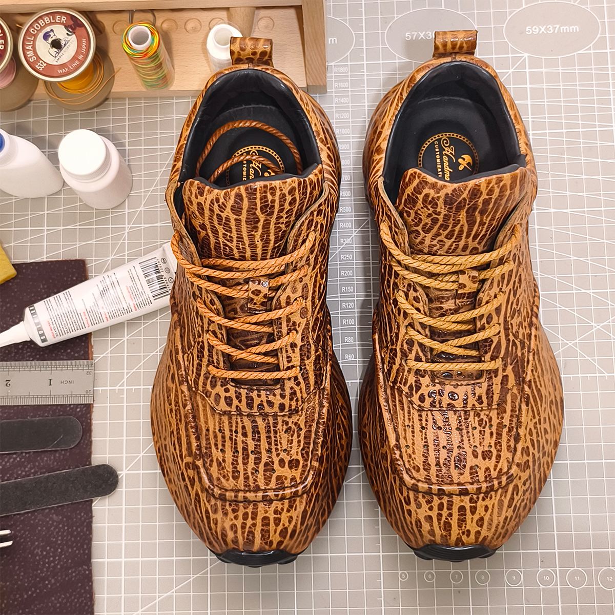 Handmade Genuine Bison Leather Sneakers, Tan Textured with Full-Wrap Sole & Ultra-Light Base