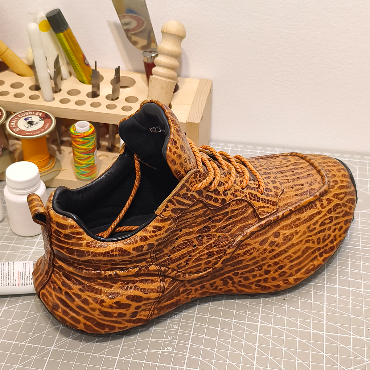 Handmade Genuine Bison Leather Sneakers, Tan Textured with Full-Wrap Sole & Ultra-Light Base