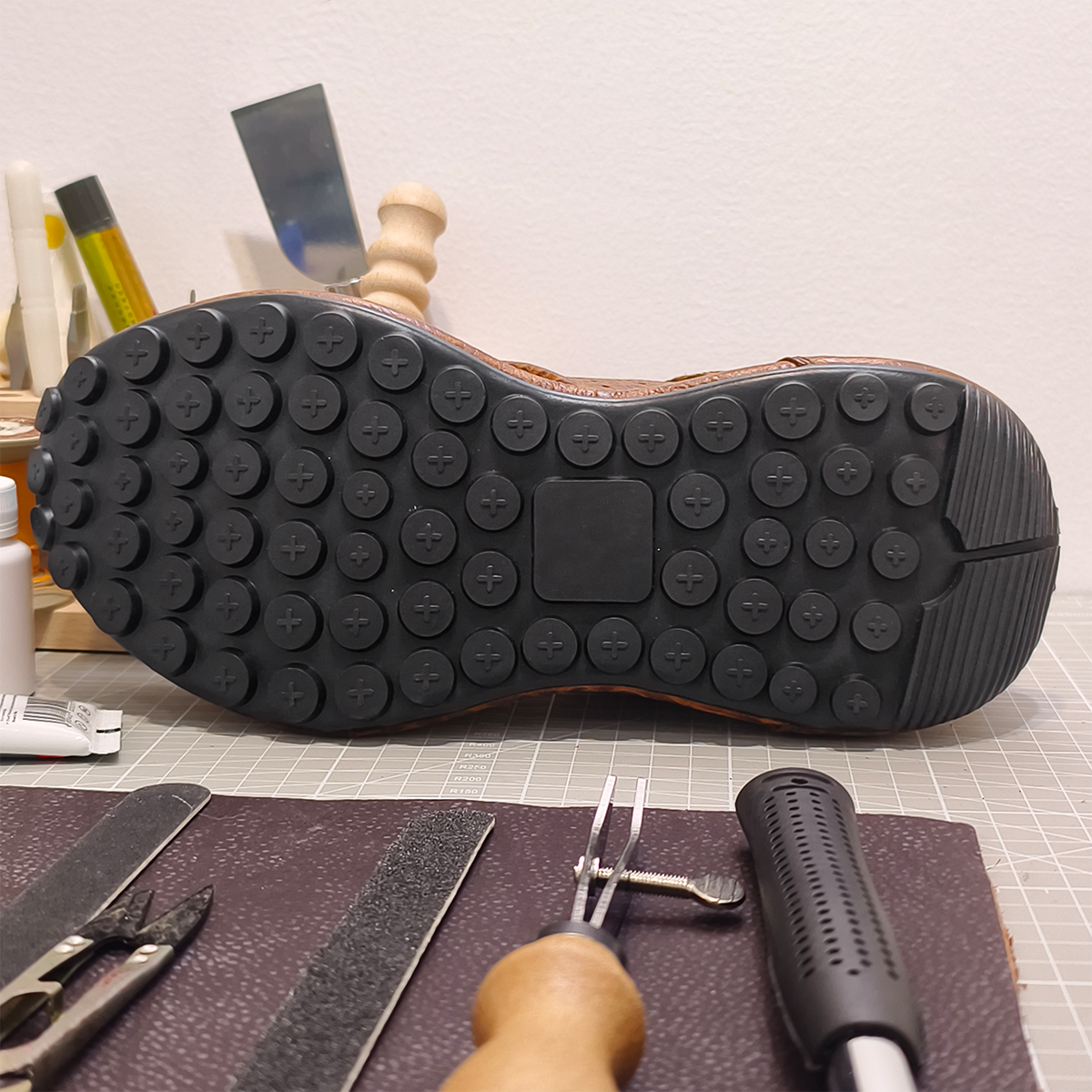 Handmade Genuine Bison Leather Sneakers, Tan Textured with Full-Wrap Sole & Ultra-Light Base