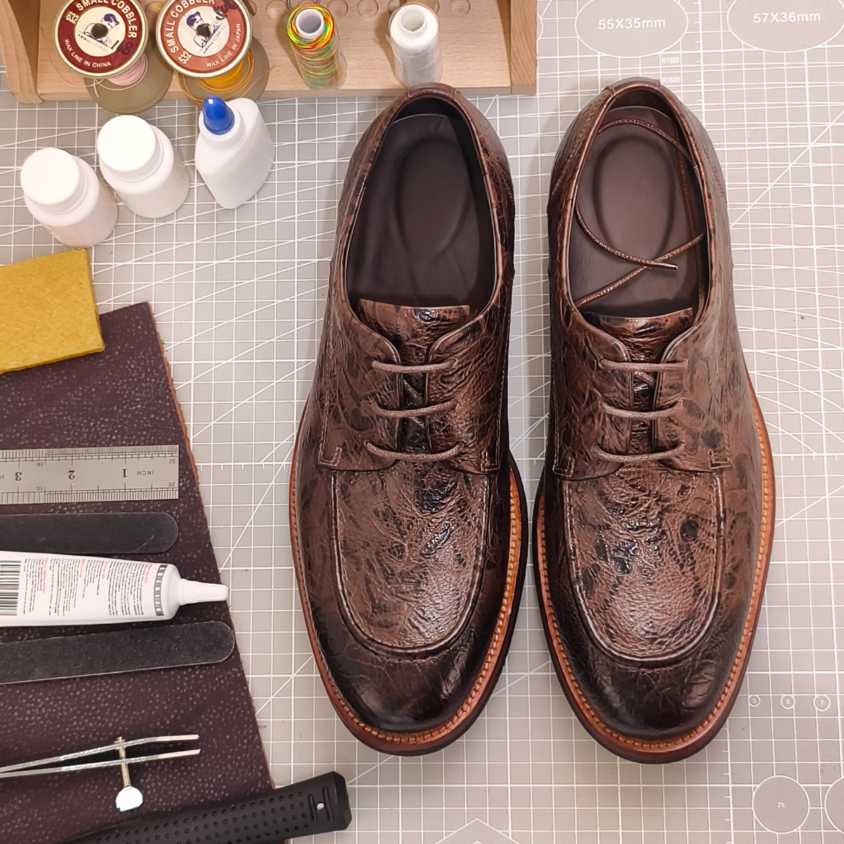 Handmade Genuine Bison Leather Oxford Shoes, Dark Brown Textured