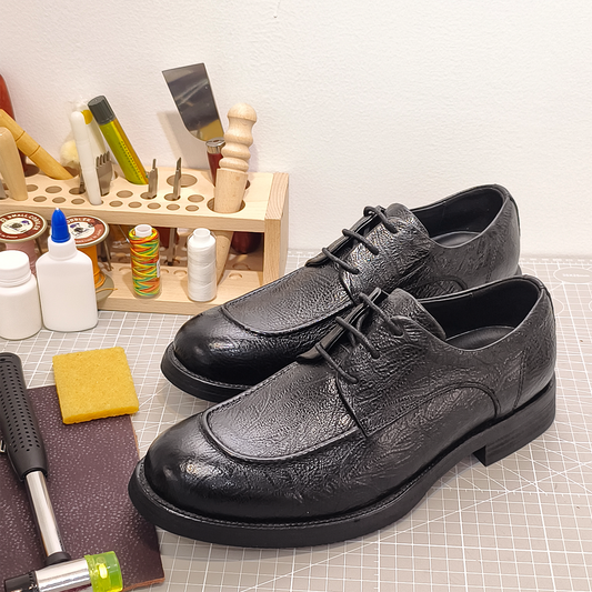 Handmade Genuine Bison Leather Oxford Shoes, Sleek Black Textured