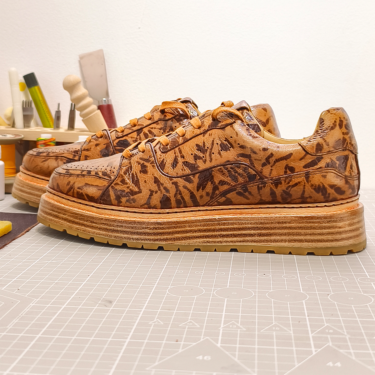 Handmade Genuine Bison Leather Sneakers, Brown Leopard Pattern with Chunky Sole