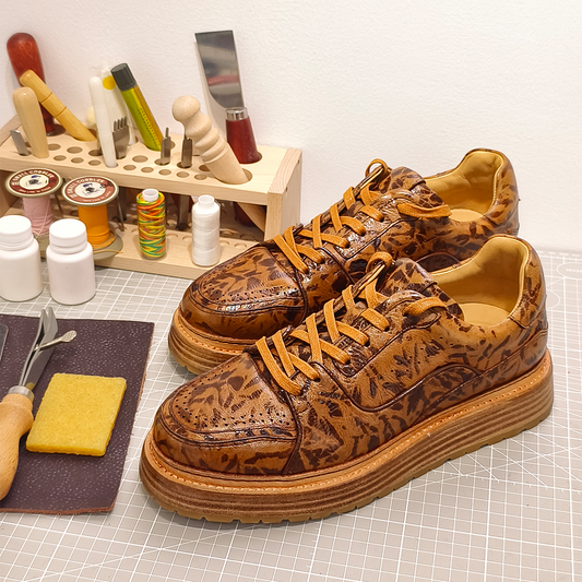 Handmade Genuine Bison Leather Sneakers, Brown Leopard Pattern with Chunky Sole