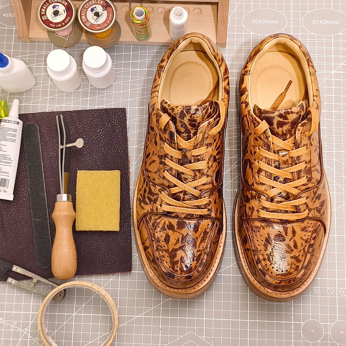 Handmade Genuine Bison Leather Sneakers, Brown Leopard Pattern with Chunky Sole