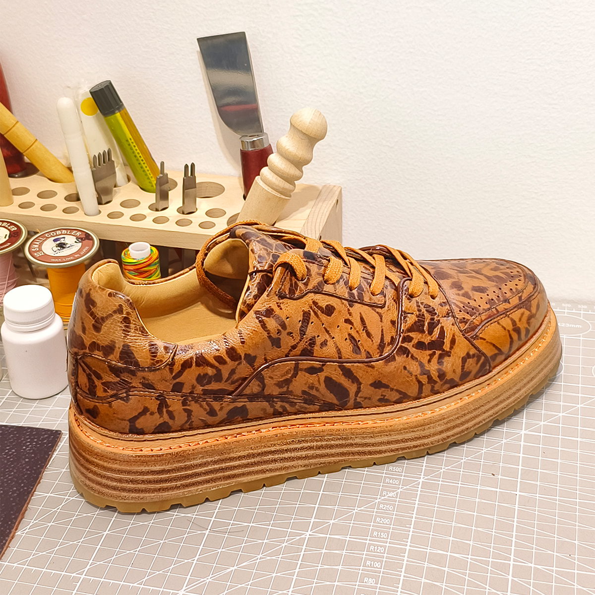 Handmade Genuine Bison Leather Sneakers, Brown Leopard Pattern with Chunky Sole
