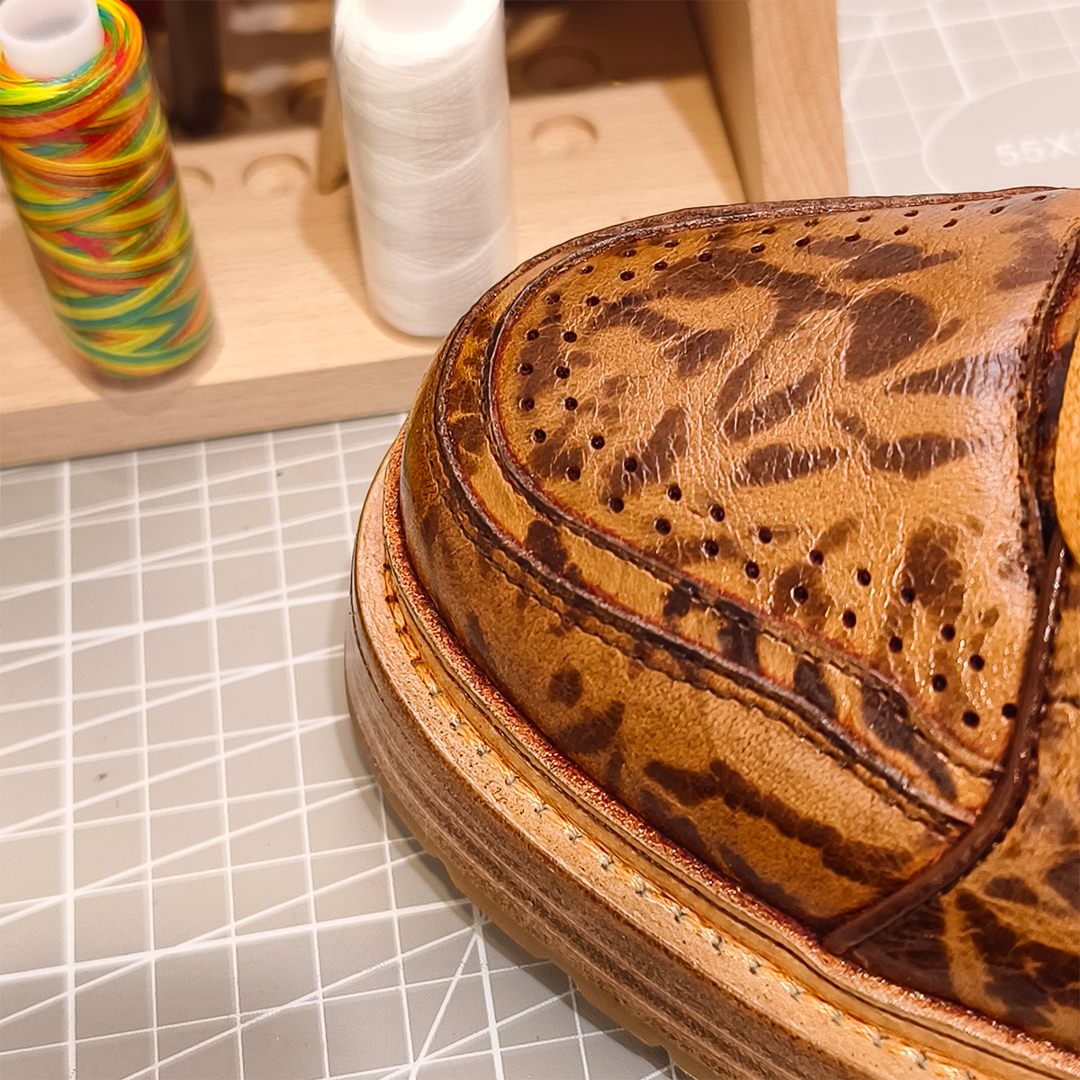 Handmade Genuine Bison Leather Sneakers, Brown Leopard Pattern with Chunky Sole