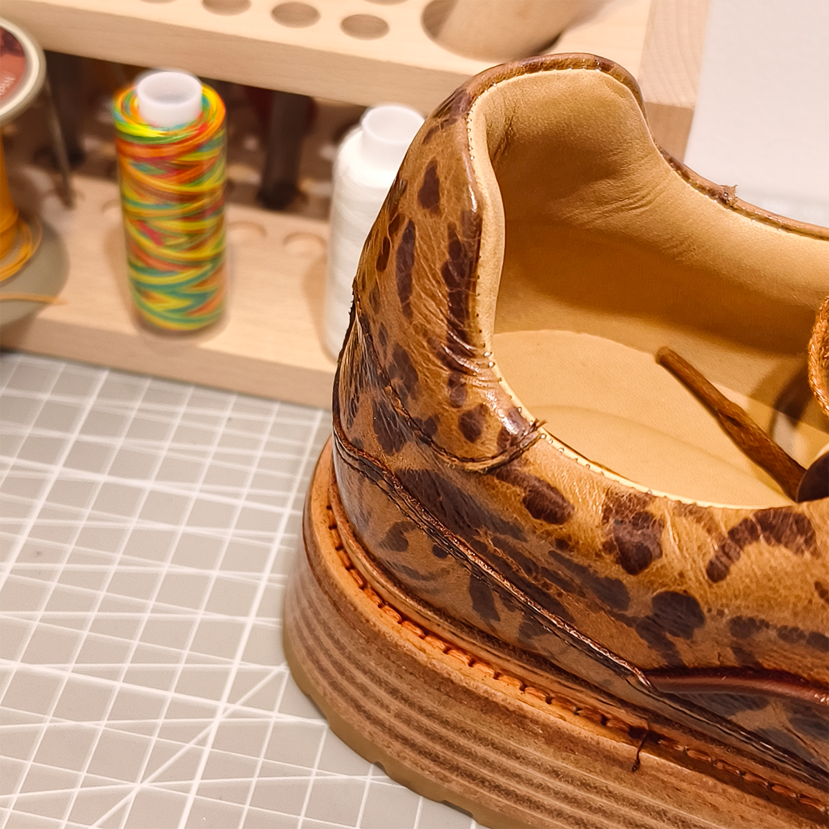 Handmade Genuine Bison Leather Sneakers, Brown Leopard Pattern with Chunky Sole