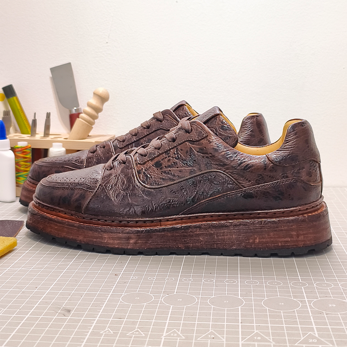 Handmade Genuine Bison Leather Sneakers, Dark Brown Textured with Chunky Sole