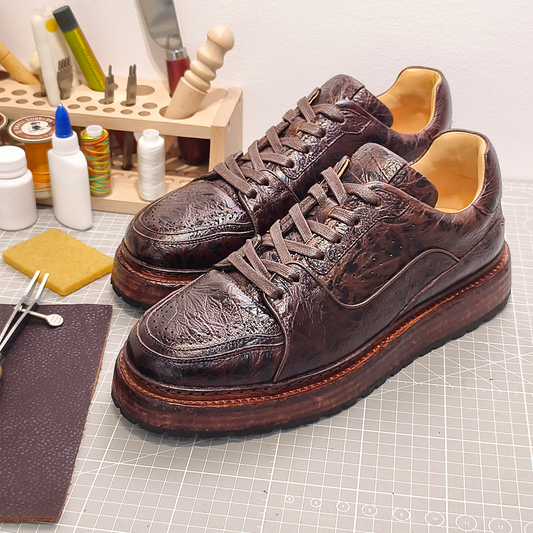 Handmade Genuine Bison Leather Sneakers, Dark Brown Textured with Chunky Sole