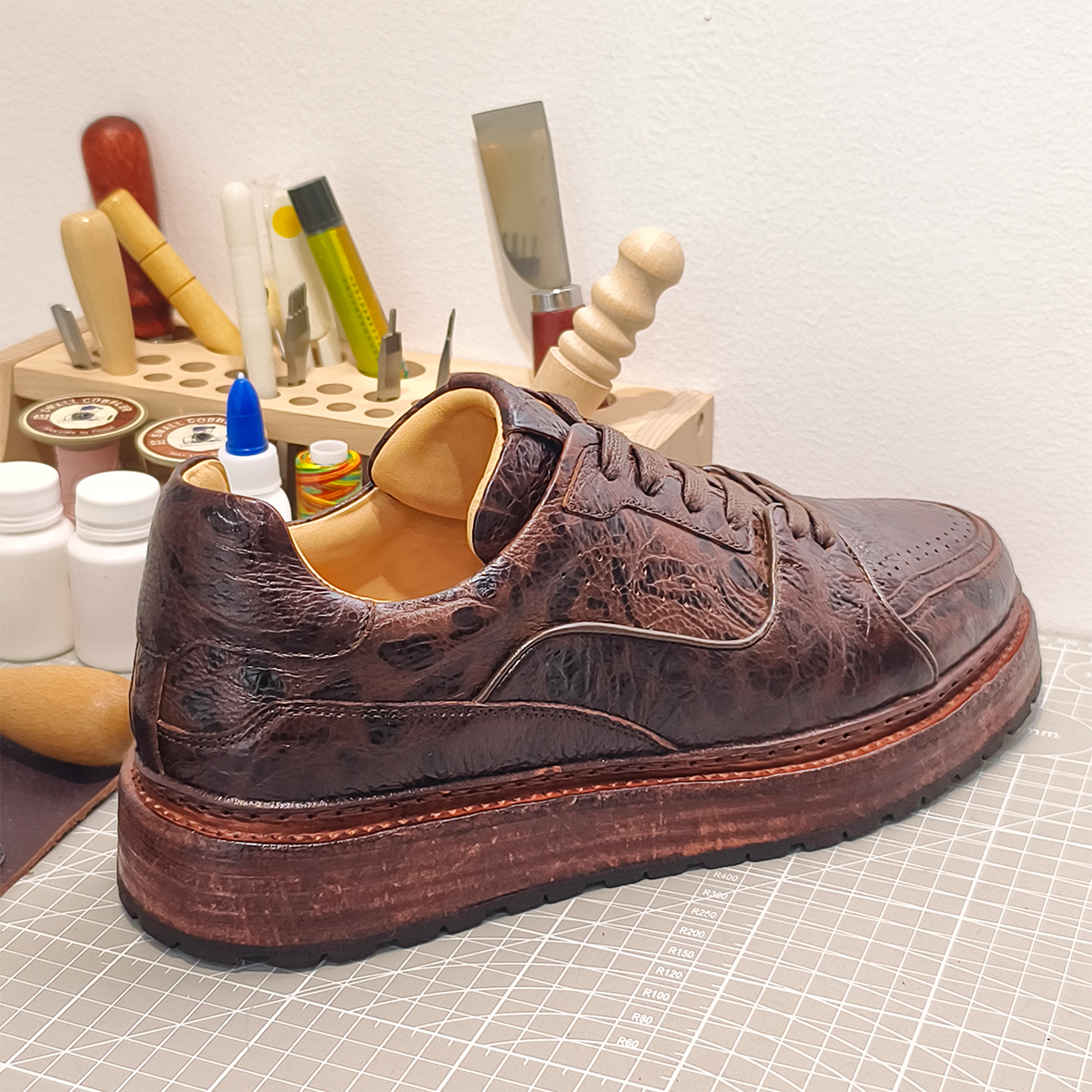 Handmade Genuine Bison Leather Sneakers, Dark Brown Textured with Chunky Sole