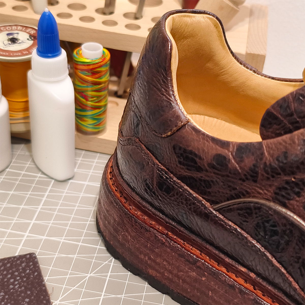 Handmade Genuine Bison Leather Sneakers, Dark Brown Textured with Chunky Sole