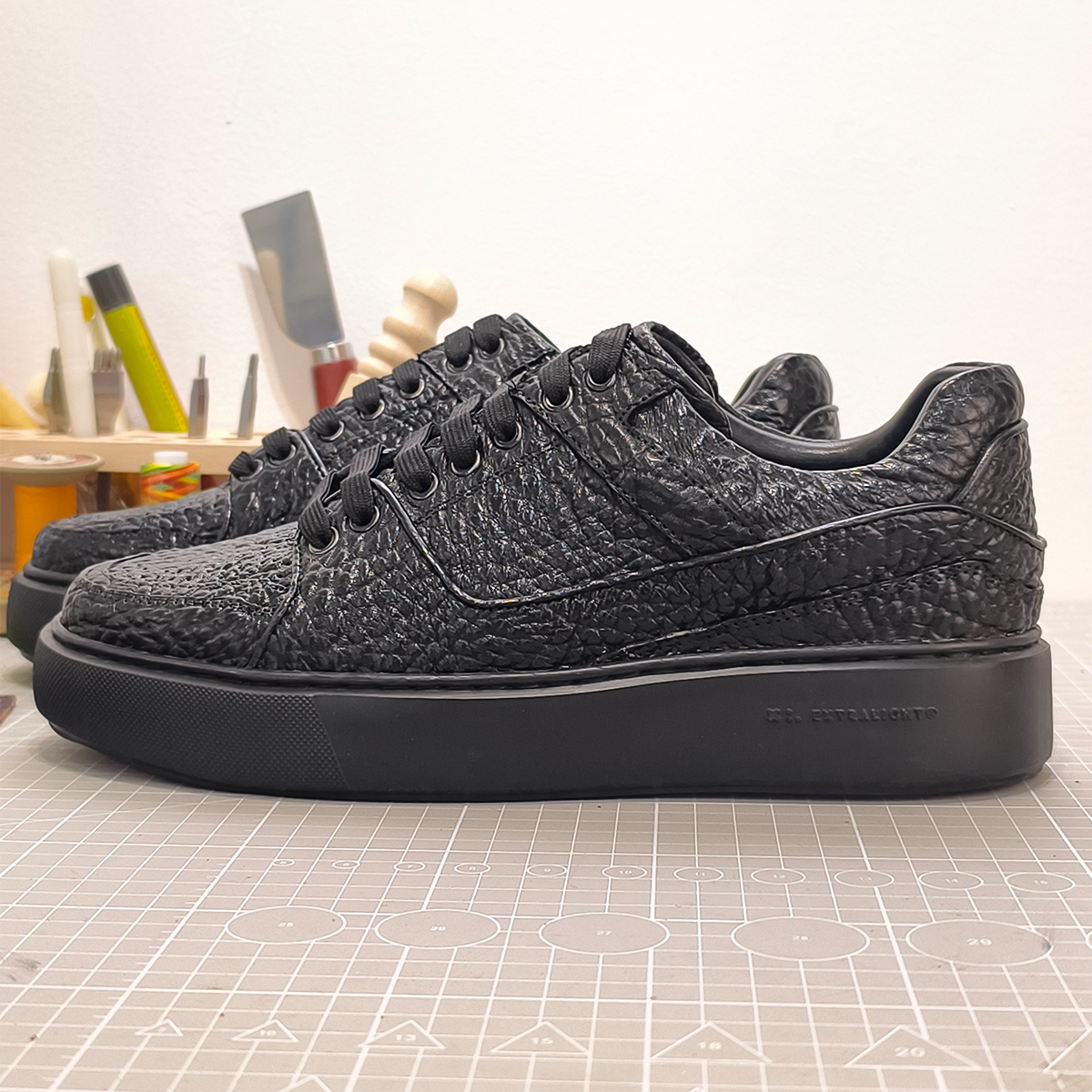 Handmade Genuine Bison Leather Sneakers, All-Black Textured Shoes with Chunky Sole