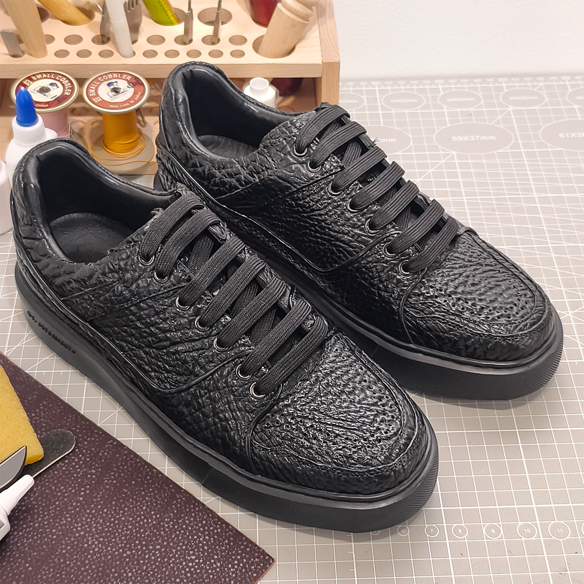 Handmade Genuine Bison Leather Sneakers, All-Black Textured Shoes with Chunky Sole