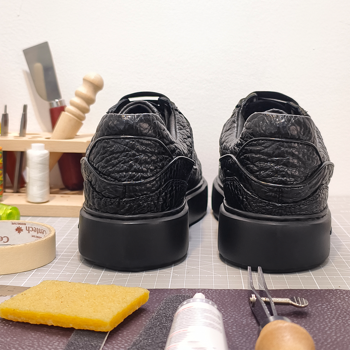 Handmade Genuine Bison Leather Sneakers, All-Black Textured Shoes with Chunky Sole