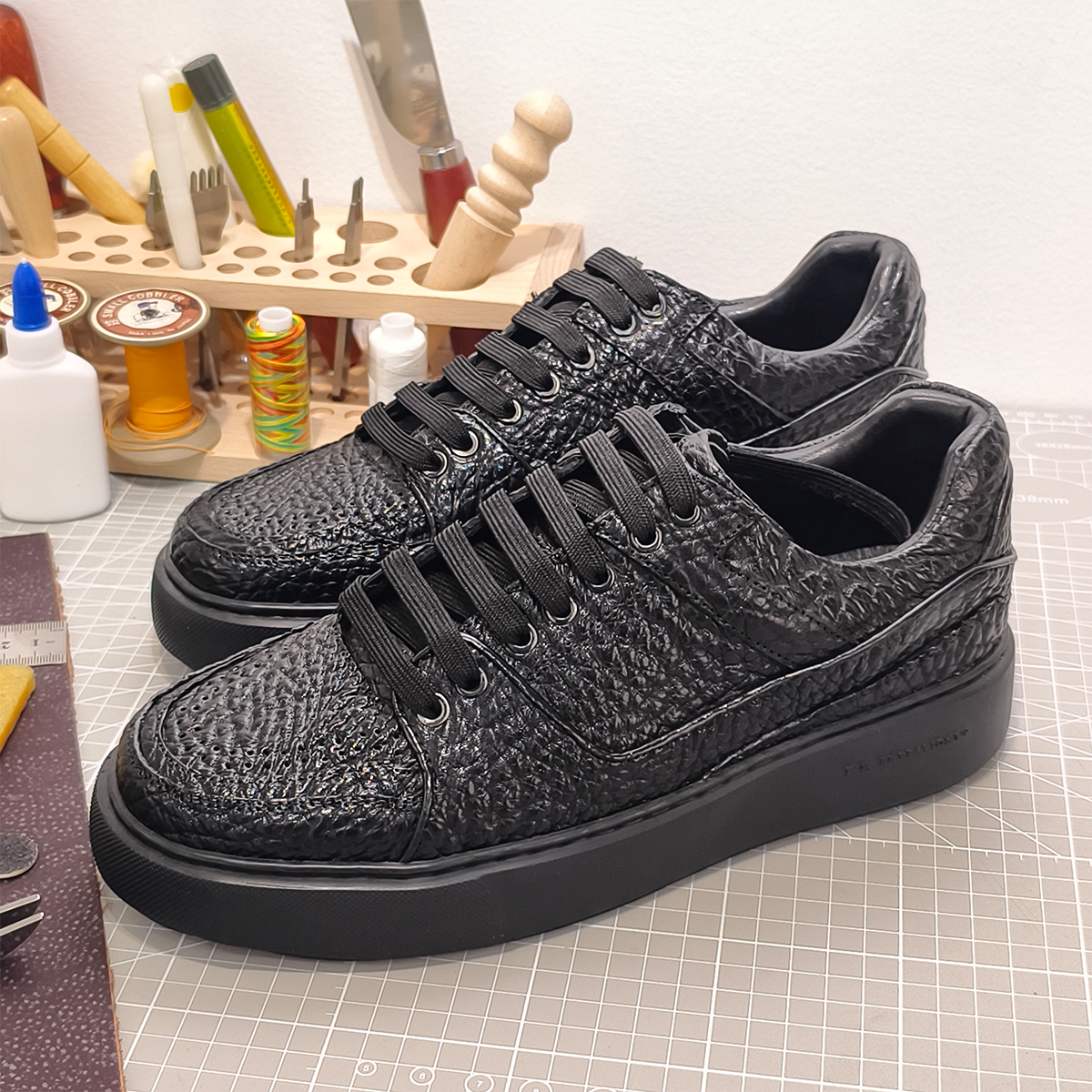 Handmade Genuine Bison Leather Sneakers, All-Black Textured Shoes with Chunky Sole