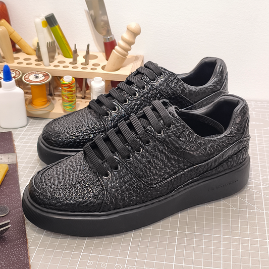 Handmade Genuine Bison Leather Sneakers, All-Black Textured Shoes with Chunky Sole