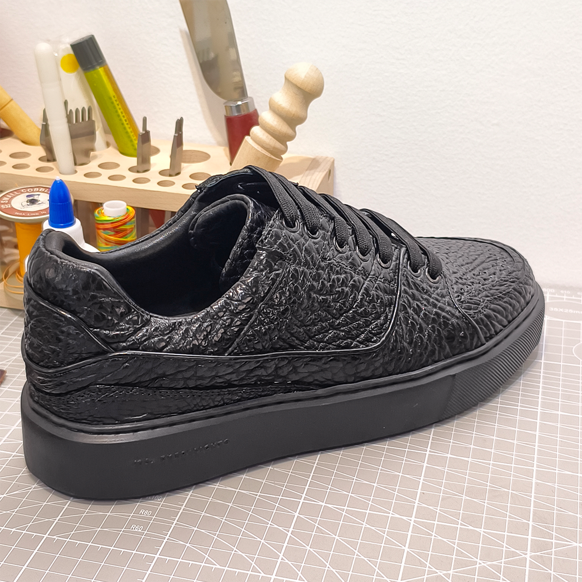 Handmade Genuine Bison Leather Sneakers, All-Black Textured Shoes with Chunky Sole