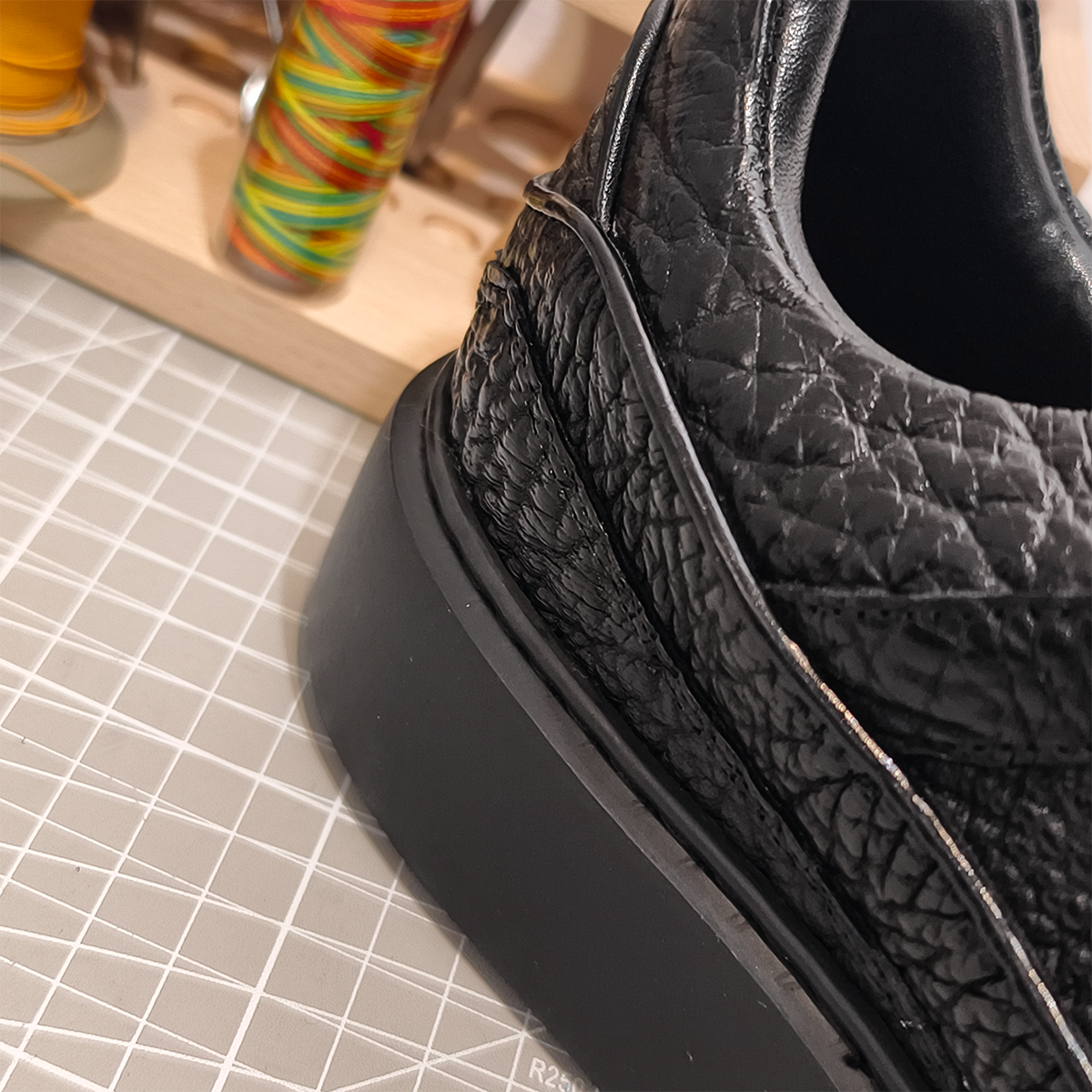 Handmade Genuine Bison Leather Sneakers, All-Black Textured Shoes with Chunky Sole