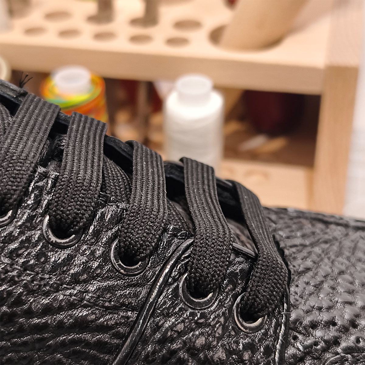 Handmade Genuine Bison Leather Sneakers, All-Black Textured Shoes with Chunky Sole