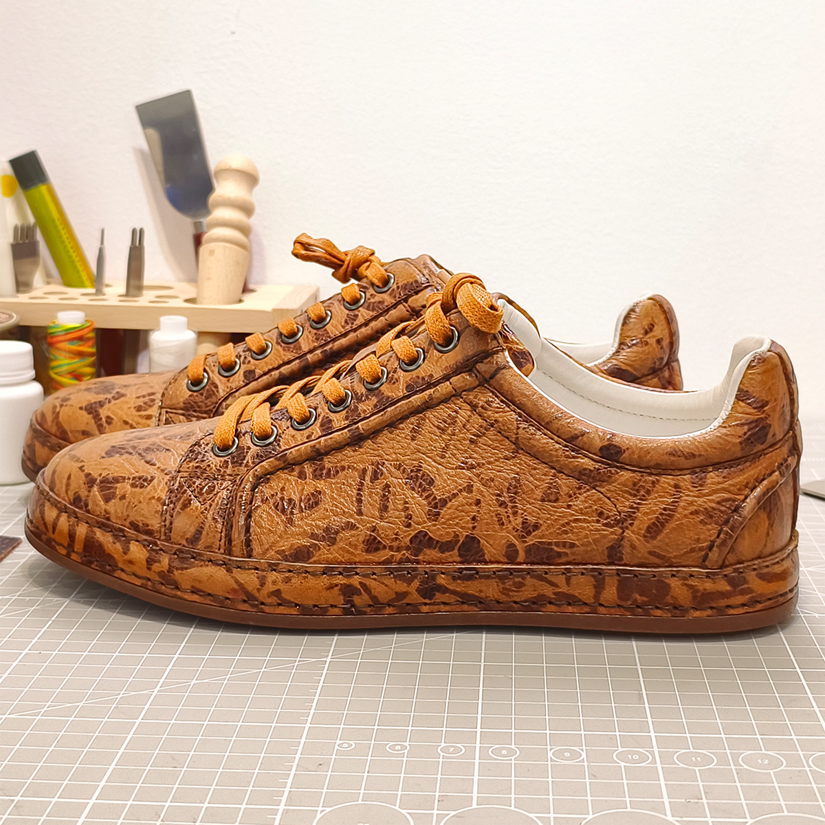 Handmade Genuine Bison Leather Sneakers, Tan Textured with Coordinated Sole