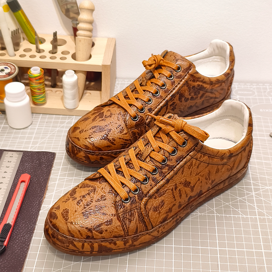 Handmade Genuine Bison Leather Sneakers, Tan Textured with Coordinated Sole