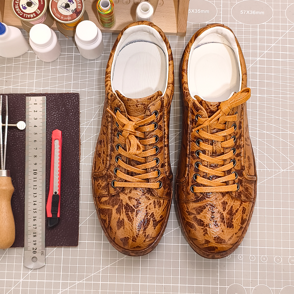 Handmade Genuine Bison Leather Sneakers, Tan Textured with Coordinated Sole