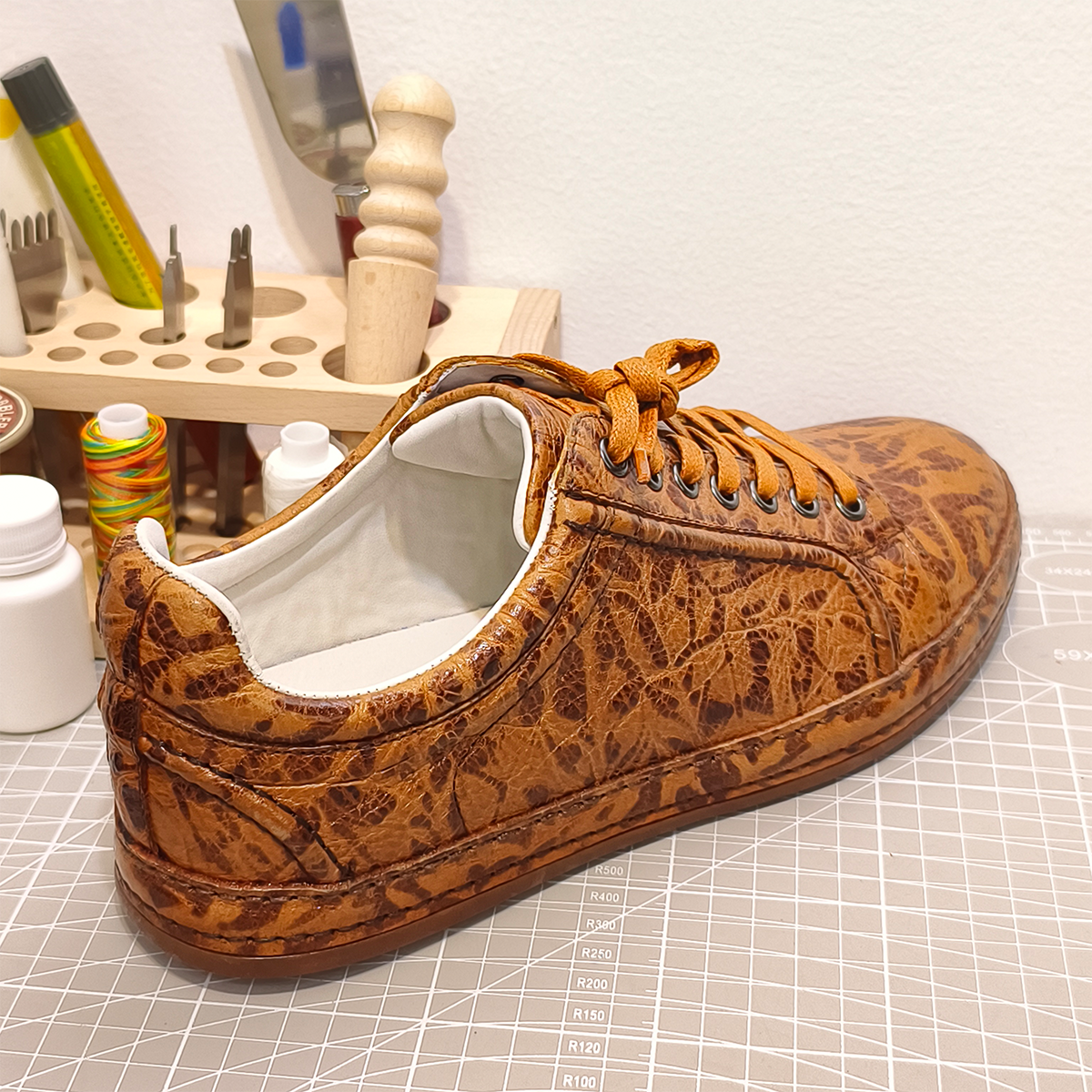 Handmade Genuine Bison Leather Sneakers, Tan Textured with Coordinated Sole