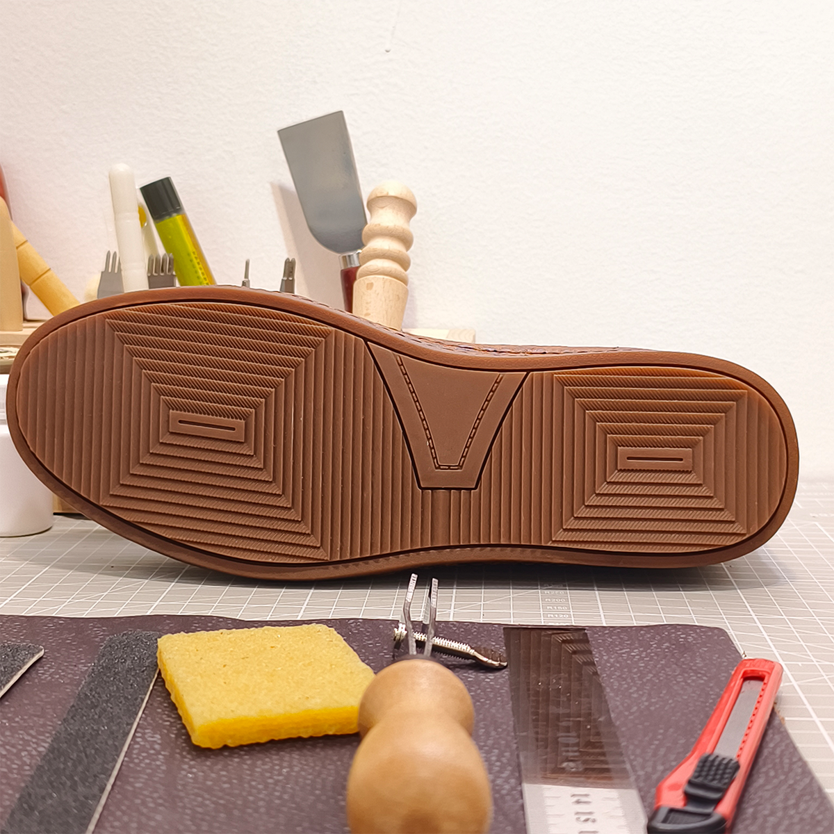 Handmade Genuine Bison Leather Sneakers, Tan Textured with Coordinated Sole