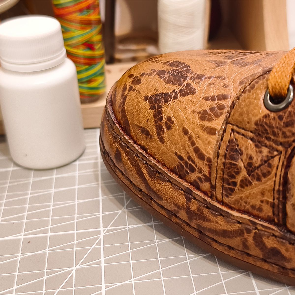 Handmade Genuine Bison Leather Sneakers, Tan Textured with Coordinated Sole