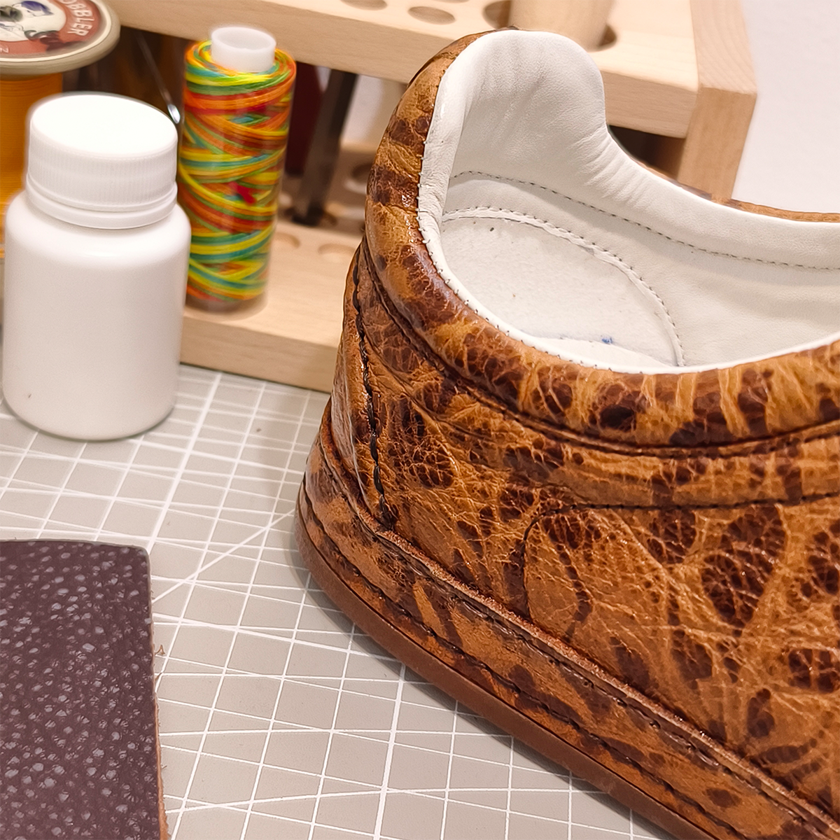 Handmade Genuine Bison Leather Sneakers, Tan Textured with Coordinated Sole