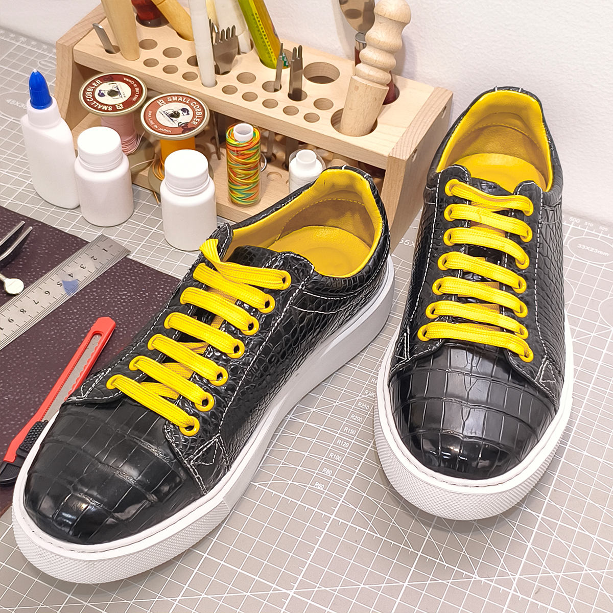 Handmade Genuine Alligator Belly Leather Sneakers, Glossy Black with Vibrant Yellow Accents & Italian-Brand Sole