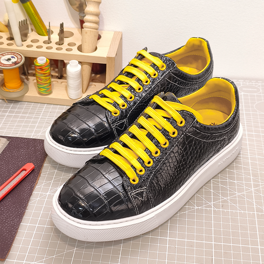 Handmade Genuine Alligator Belly Leather Sneakers, Glossy Black with Vibrant Yellow Accents & Italian-Brand Sole