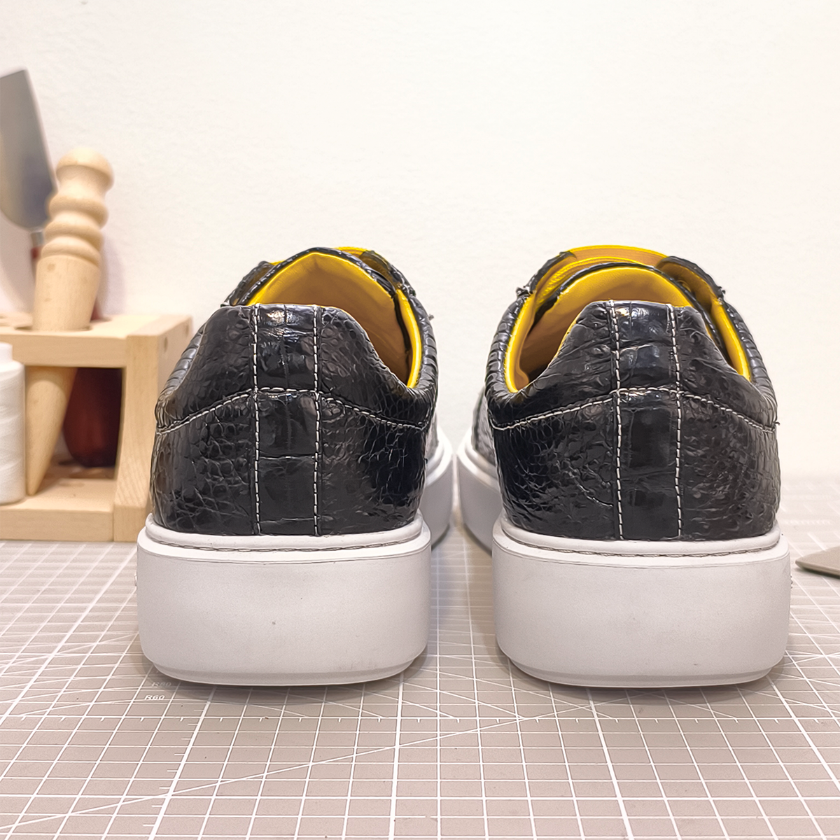 Handmade Genuine Alligator Belly Leather Sneakers, Glossy Black with Vibrant Yellow Accents & Italian-Brand Sole