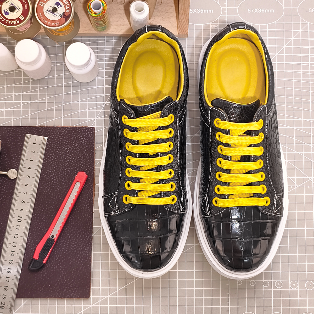 Handmade Genuine Alligator Belly Leather Sneakers, Glossy Black with Vibrant Yellow Accents & Italian-Brand Sole