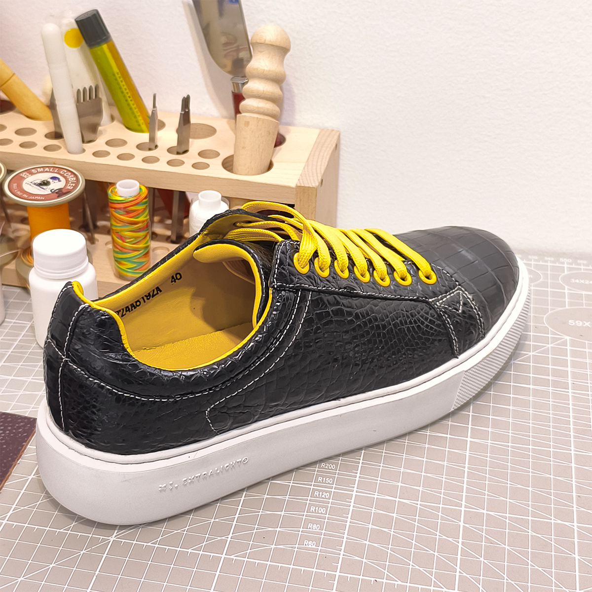 Handmade Genuine Alligator Belly Leather Sneakers, Glossy Black with Vibrant Yellow Accents & Italian-Brand Sole