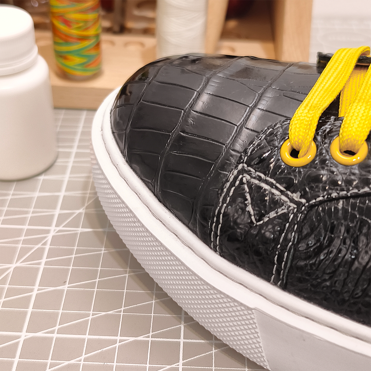 Handmade Genuine Alligator Belly Leather Sneakers, Glossy Black with Vibrant Yellow Accents & Italian-Brand Sole